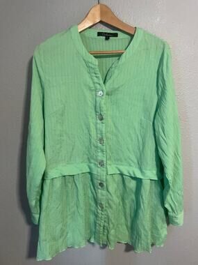 Calessa Womens Tunic Large Green Button Front Crinkle Peplum Relaxed Lagenlook
